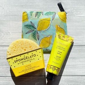 Spongelle Limone Body Wash Buffer, Coconut Verbena Hand Cream & Lemon Shop Bag